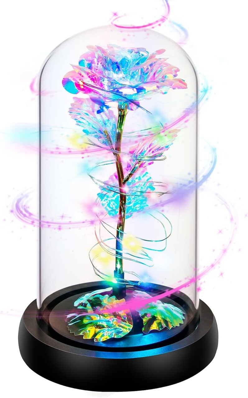 Rotating Light-Up Rose in Glass Dome – Valentine’s, Birthday, Mother’s Day & Anniversary Gift for Her